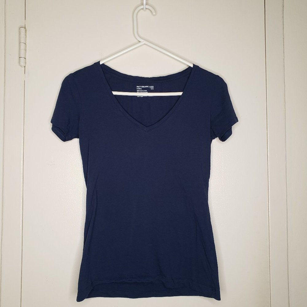 PACT V Neck 100% Cotton Fair Trade Navy Blue Short Sleeve T Shirt XS